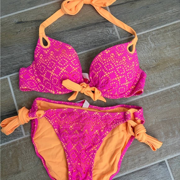 Victoria's Secret Other - Victoria's Secret Pink and Orange Crochet Bikini Set